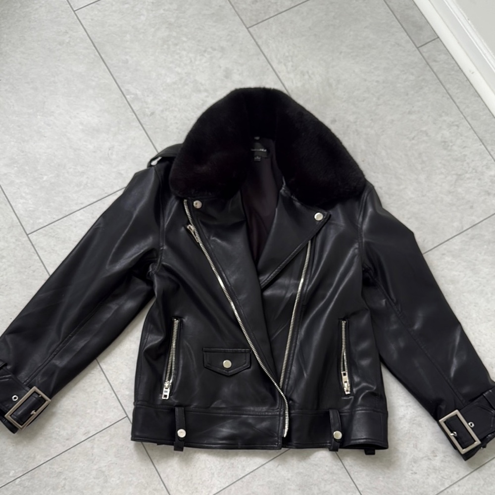 Black Leather Jacket with Fur Collar